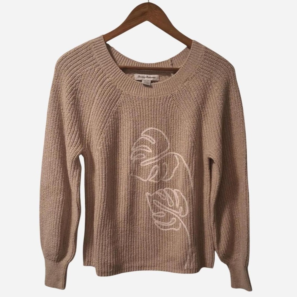 Womens Tommy Bahama tan sweater with white monstera leaf embroidery